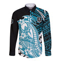 Personalized Port Adelaide Power Long Sleeve Button Shirt Polynesian Tribal Lightning Bolt Mascot With Hibiscus Floral Art