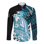 Personalized Port Adelaide Power Long Sleeve Button Shirt Polynesian Tribal Lightning Bolt Mascot With Hibiscus Floral Art