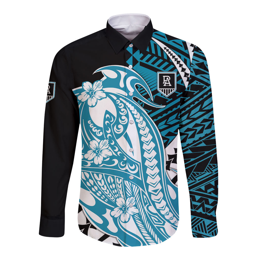 Personalized Port Adelaide Power Long Sleeve Button Shirt Polynesian Tribal Lightning Bolt Mascot With Hibiscus Floral Art