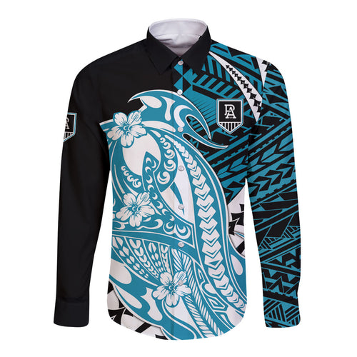 Personalized Port Adelaide Power Long Sleeve Button Shirt Polynesian Tribal Lightning Bolt Mascot With Hibiscus Floral Art