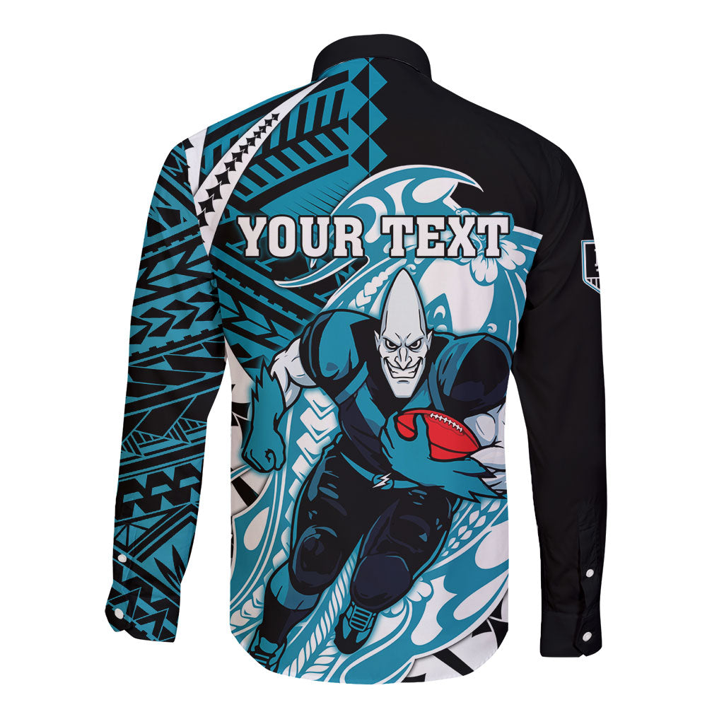 Personalized Port Adelaide Power Long Sleeve Button Shirt Polynesian Tribal Lightning Bolt Mascot With Hibiscus Floral Art