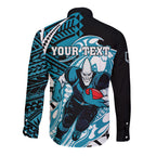 Personalized Port Adelaide Power Long Sleeve Button Shirt Polynesian Tribal Lightning Bolt Mascot With Hibiscus Floral Art