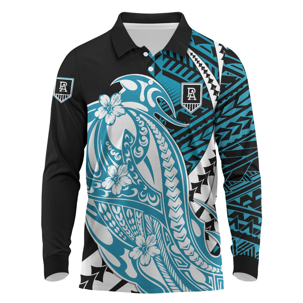 Personalized Port Adelaide Power Long Sleeve Polo Shirt Polynesian Tribal Lightning Bolt Mascot With Hibiscus Floral Art