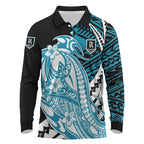 Personalized Port Adelaide Power Long Sleeve Polo Shirt Polynesian Tribal Lightning Bolt Mascot With Hibiscus Floral Art