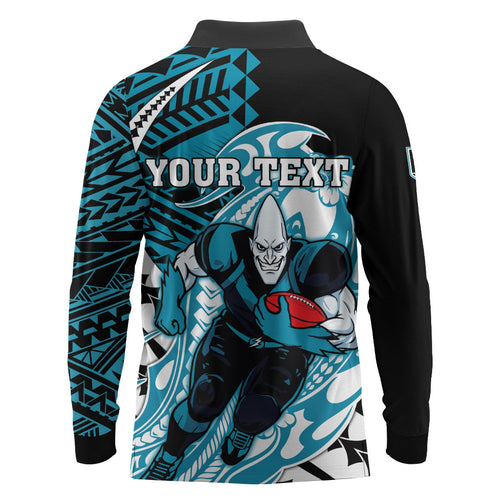 Personalized Port Adelaide Power Long Sleeve Polo Shirt Polynesian Tribal Lightning Bolt Mascot With Hibiscus Floral Art