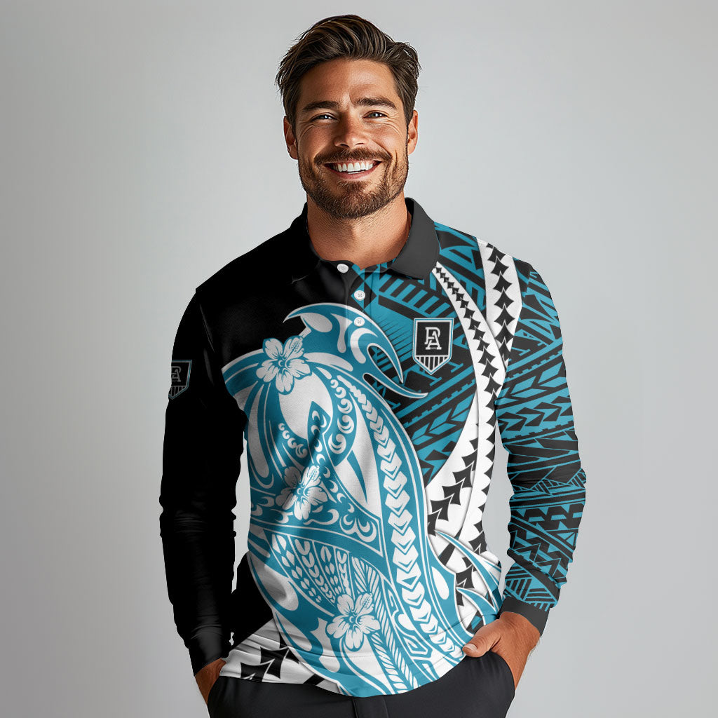 Personalized Port Adelaide Power Long Sleeve Polo Shirt Polynesian Tribal Lightning Bolt Mascot With Hibiscus Floral Art