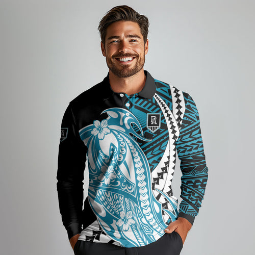Personalized Port Adelaide Power Long Sleeve Polo Shirt Polynesian Tribal Lightning Bolt Mascot With Hibiscus Floral Art