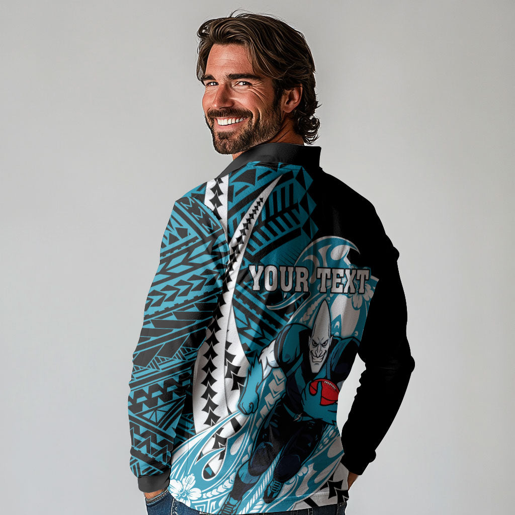 Personalized Port Adelaide Power Long Sleeve Polo Shirt Polynesian Tribal Lightning Bolt Mascot With Hibiscus Floral Art