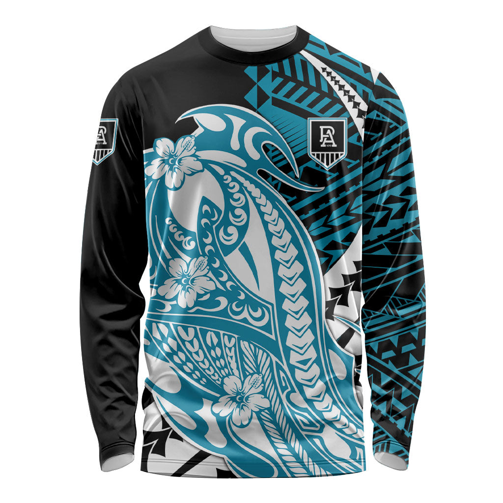 Personalized Port Adelaide Power Long Sleeve Shirt Polynesian Tribal Lightning Bolt Mascot With Hibiscus Floral Art