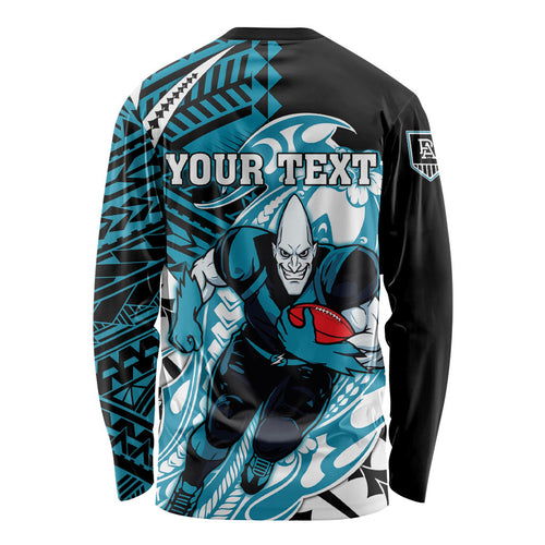 Personalized Port Adelaide Power Long Sleeve Shirt Polynesian Tribal Lightning Bolt Mascot With Hibiscus Floral Art