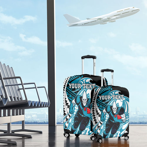 Personalized Port Adelaide Power Luggage Cover Polynesian Tribal Lightning Bolt Mascot With Hibiscus Floral Art