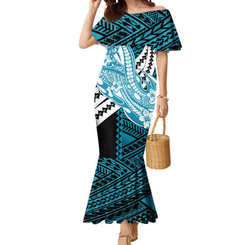 Personalized Port Adelaide Power Mermaid Dress Polynesian Tribal Lightning Bolt Mascot With Hibiscus Floral Art