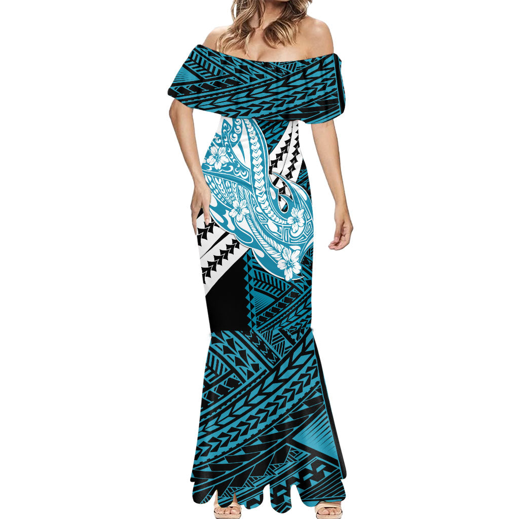 Personalized Port Adelaide Power Mermaid Dress Polynesian Tribal Lightning Bolt Mascot With Hibiscus Floral Art