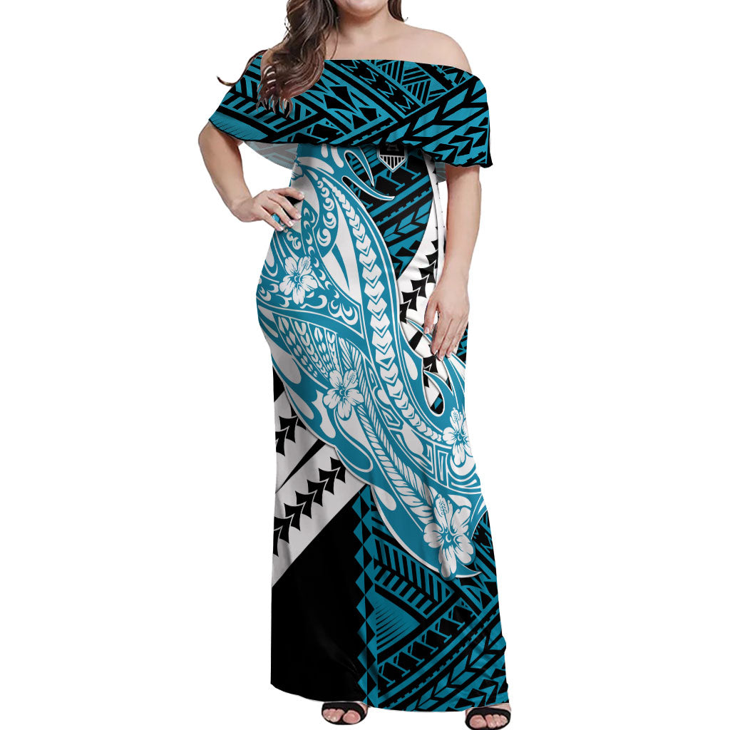 Personalized Port Adelaide Power Off Shoulder Maxi Dress Polynesian Tribal Lightning Bolt Mascot With Hibiscus Floral Art