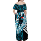 Personalized Port Adelaide Power Off Shoulder Maxi Dress Polynesian Tribal Lightning Bolt Mascot With Hibiscus Floral Art