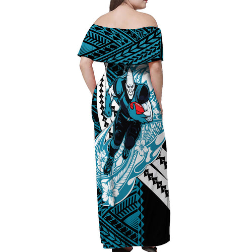 Personalized Port Adelaide Power Off Shoulder Maxi Dress Polynesian Tribal Lightning Bolt Mascot With Hibiscus Floral Art