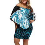 Personalized Port Adelaide Power Off Shoulder Short Dress Polynesian Tribal Lightning Bolt Mascot With Hibiscus Floral Art