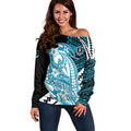 Personalized Port Adelaide Power Off Shoulder Sweater Polynesian Tribal Lightning Bolt Mascot With Hibiscus Floral Art