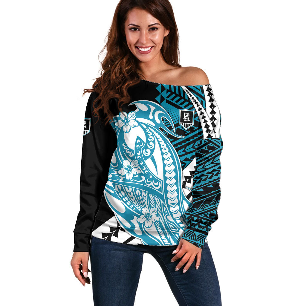 Personalized Port Adelaide Power Off Shoulder Sweater Polynesian Tribal Lightning Bolt Mascot With Hibiscus Floral Art