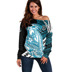 Personalized Port Adelaide Power Off Shoulder Sweater Polynesian Tribal Lightning Bolt Mascot With Hibiscus Floral Art