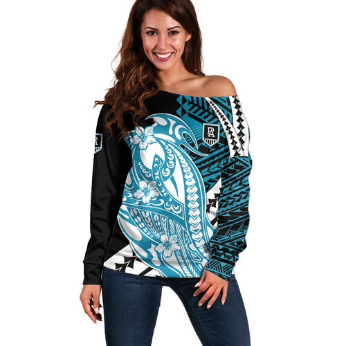 Personalized Port Adelaide Power Off Shoulder Sweater Polynesian Tribal Lightning Bolt Mascot With Hibiscus Floral Art