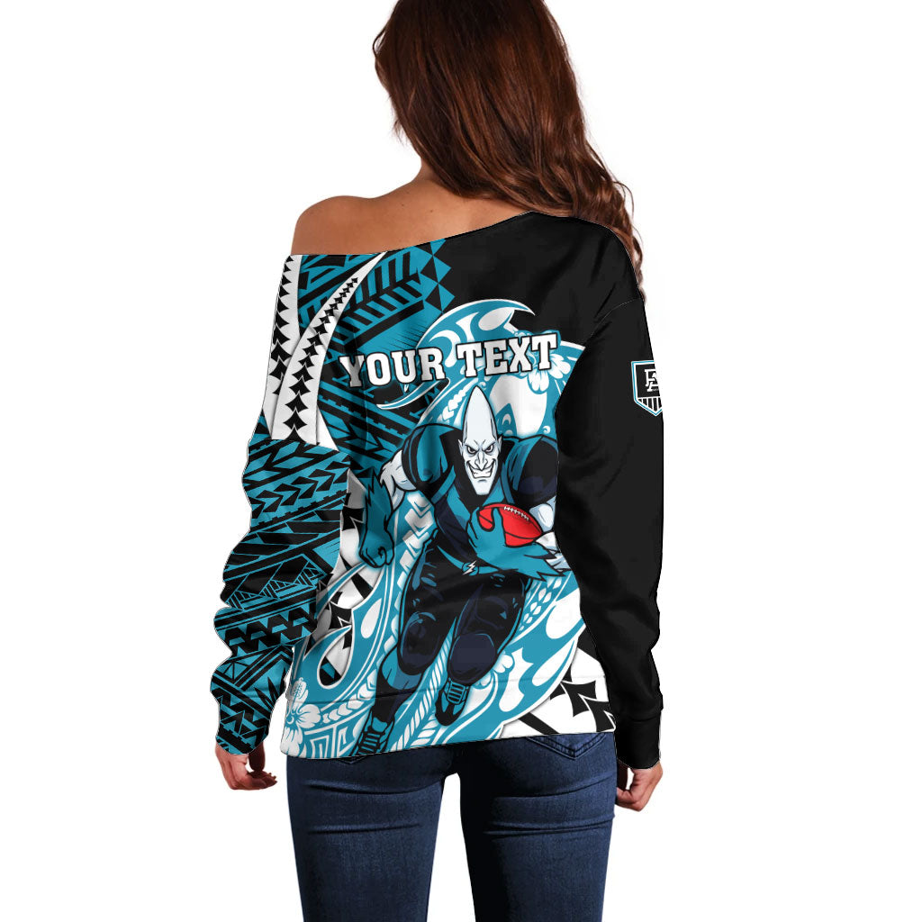 Personalized Port Adelaide Power Off Shoulder Sweater Polynesian Tribal Lightning Bolt Mascot With Hibiscus Floral Art