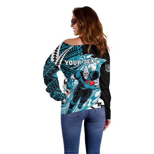Personalized Port Adelaide Power Off Shoulder Sweater Polynesian Tribal Lightning Bolt Mascot With Hibiscus Floral Art