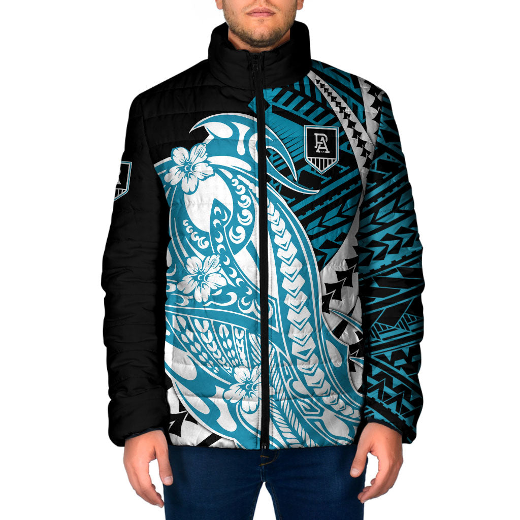 Personalized Port Adelaide Power Padded Jacket Polynesian Tribal Lightning Bolt Mascot With Hibiscus Floral Art