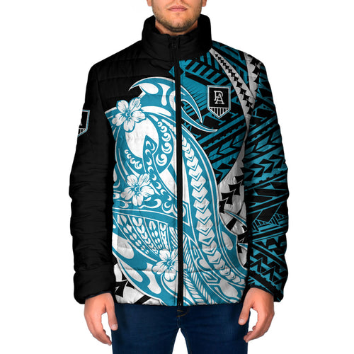 Personalized Port Adelaide Power Padded Jacket Polynesian Tribal Lightning Bolt Mascot With Hibiscus Floral Art