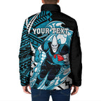 Personalized Port Adelaide Power Padded Jacket Polynesian Tribal Lightning Bolt Mascot With Hibiscus Floral Art