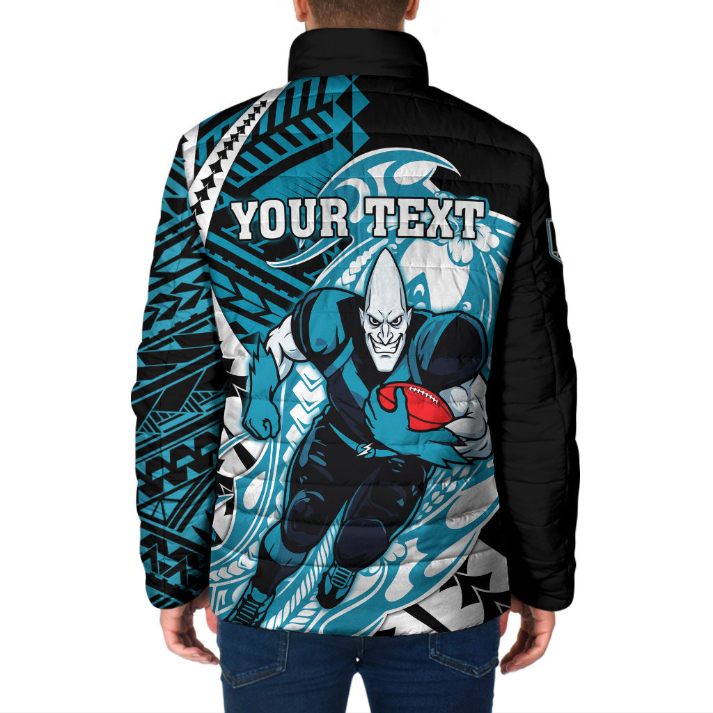 Personalized Port Adelaide Power Padded Jacket Polynesian Tribal Lightning Bolt Mascot With Hibiscus Floral Art