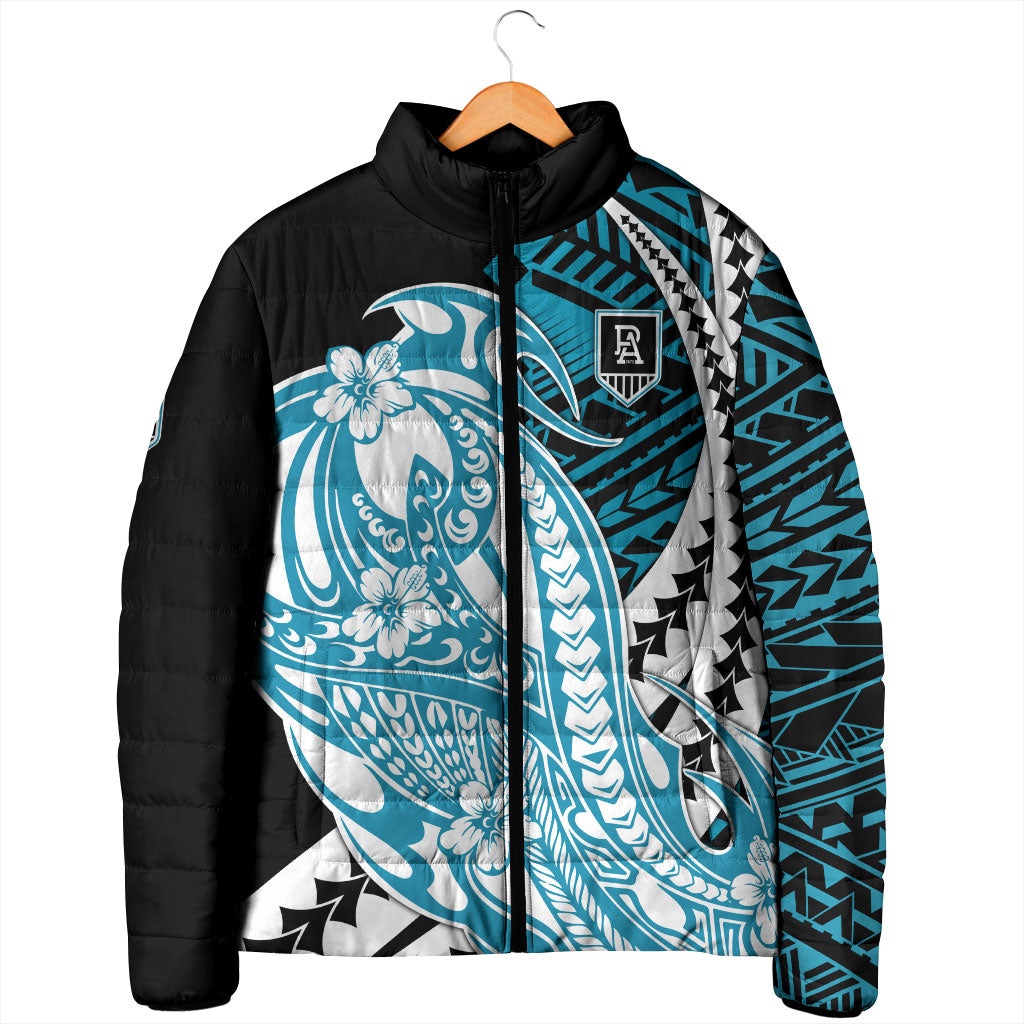 Personalized Port Adelaide Power Padded Jacket Polynesian Tribal Lightning Bolt Mascot With Hibiscus Floral Art