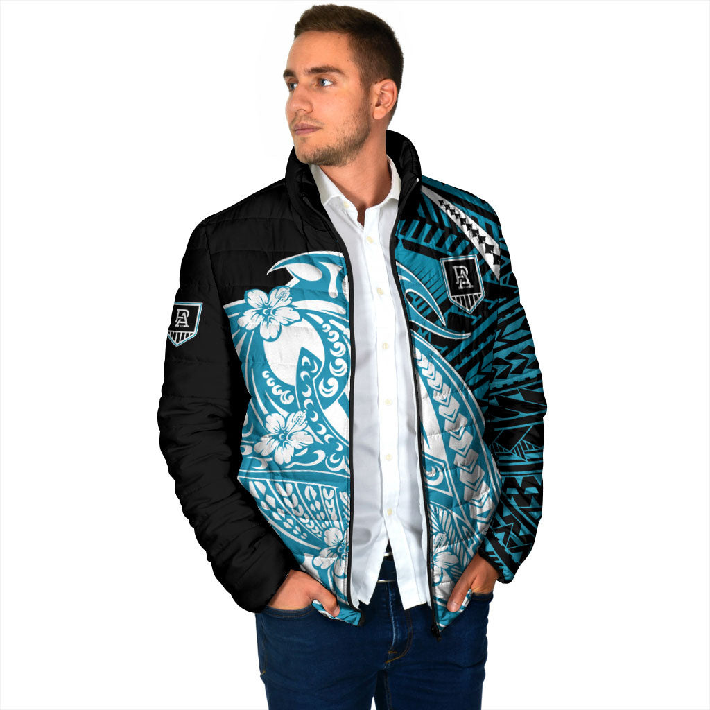 Personalized Port Adelaide Power Padded Jacket Polynesian Tribal Lightning Bolt Mascot With Hibiscus Floral Art