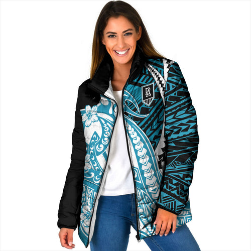 Personalized Port Adelaide Power Padded Jacket Polynesian Tribal Lightning Bolt Mascot With Hibiscus Floral Art