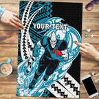 Personalized Port Adelaide Power Puzzle Polynesian Tribal Lightning Bolt Mascot With Hibiscus Floral Art
