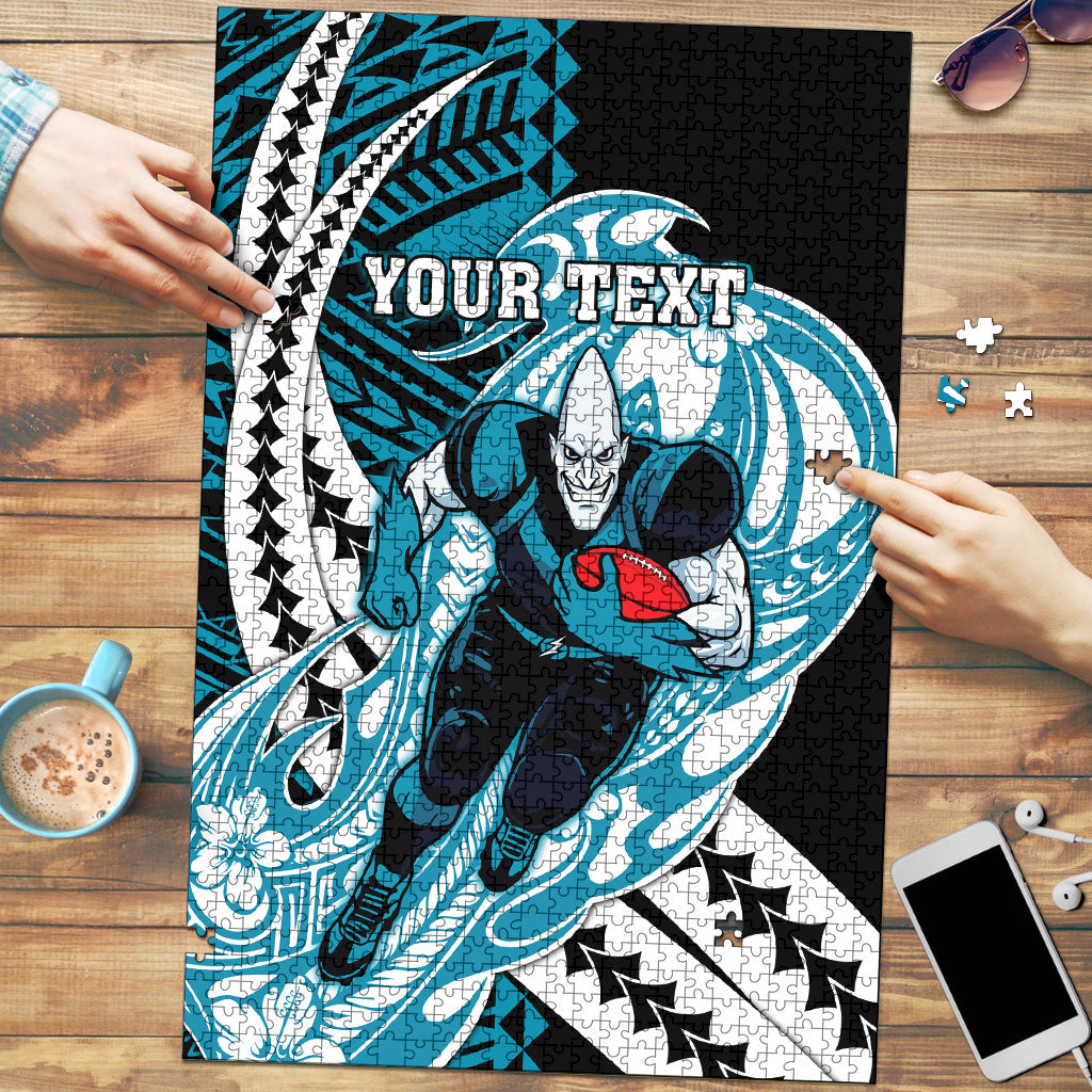Personalized Port Adelaide Power Puzzle Polynesian Tribal Lightning Bolt Mascot With Hibiscus Floral Art