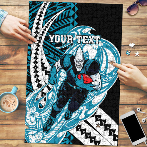 Personalized Port Adelaide Power Puzzle Polynesian Tribal Lightning Bolt Mascot With Hibiscus Floral Art