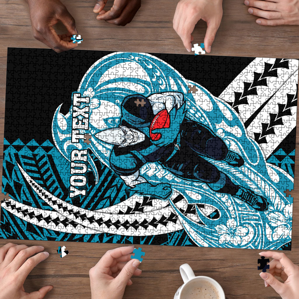 Personalized Port Adelaide Power Puzzle Polynesian Tribal Lightning Bolt Mascot With Hibiscus Floral Art