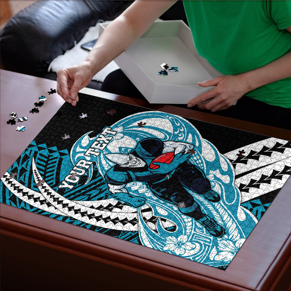 Personalized Port Adelaide Power Puzzle Polynesian Tribal Lightning Bolt Mascot With Hibiscus Floral Art