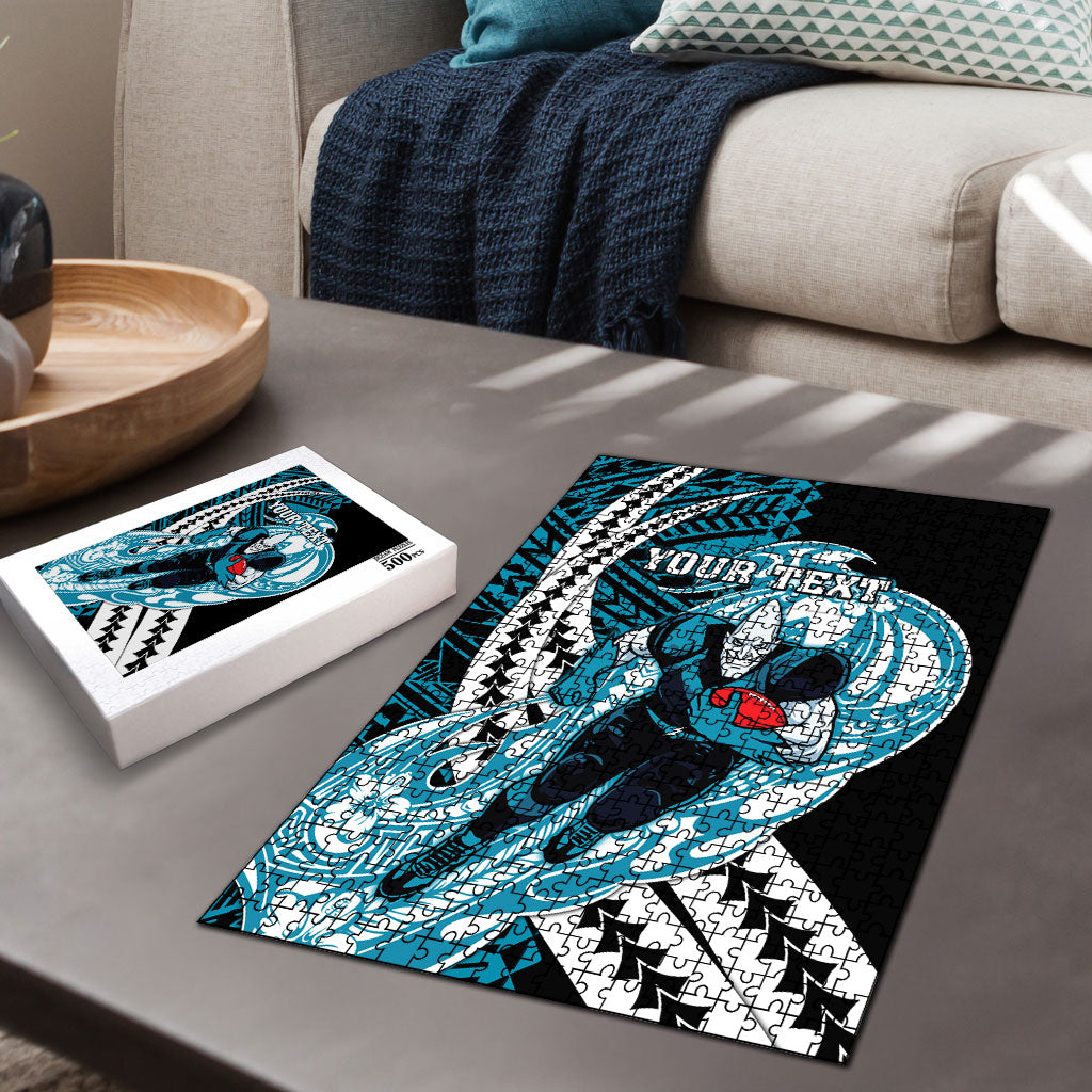 Personalized Port Adelaide Power Puzzle Polynesian Tribal Lightning Bolt Mascot With Hibiscus Floral Art