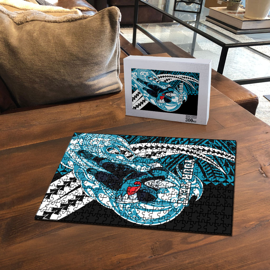 Personalized Port Adelaide Power Puzzle Polynesian Tribal Lightning Bolt Mascot With Hibiscus Floral Art