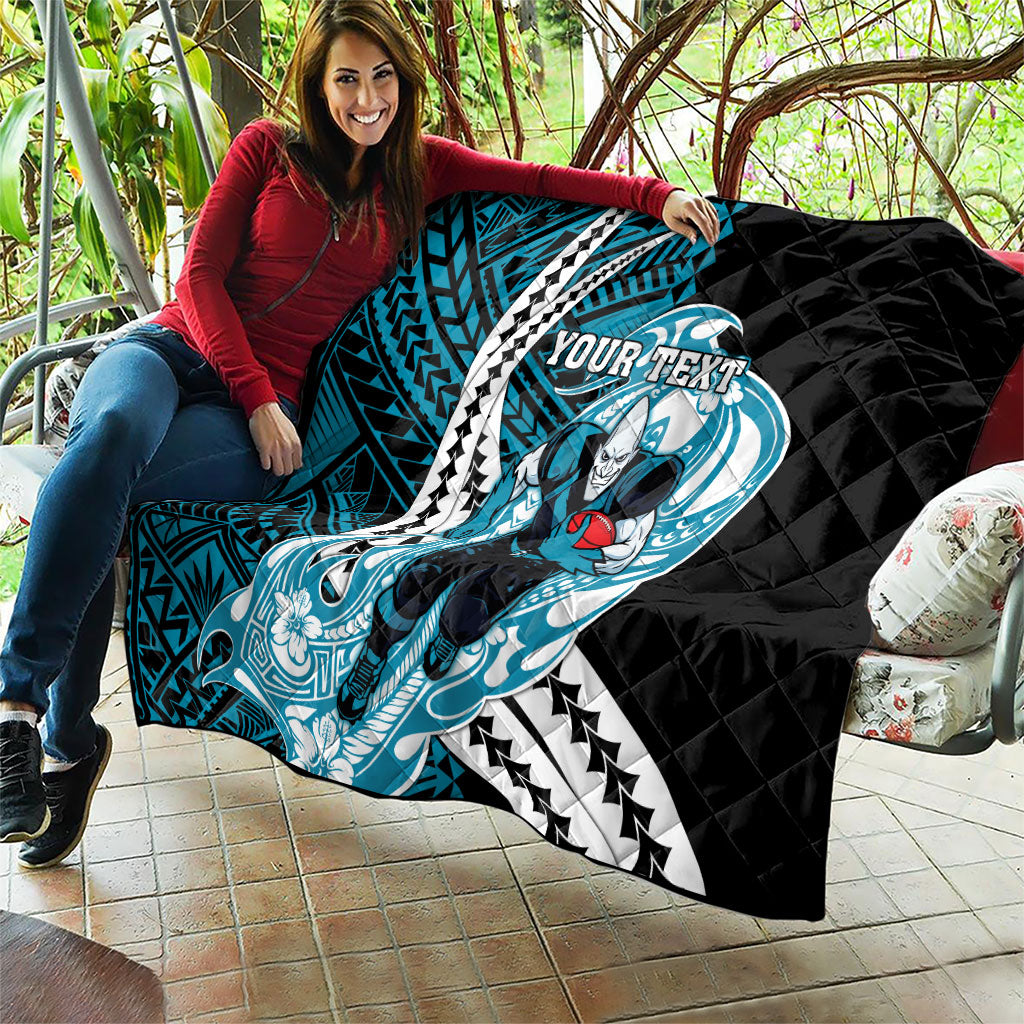 Personalized Port Adelaide Power Quilt Polynesian Tribal Lightning Bolt Mascot With Hibiscus Floral Art