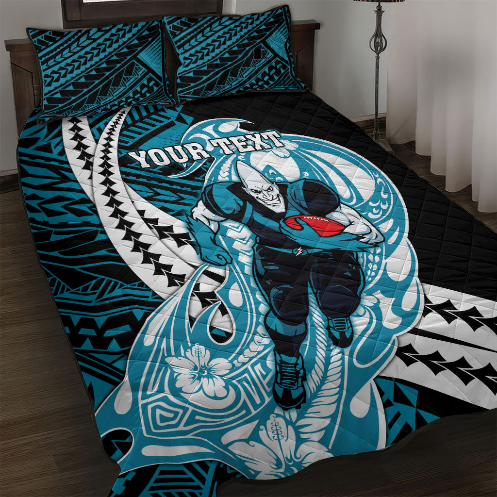 Personalized Port Adelaide Power Quilt Bed Set Polynesian Tribal Lightning Bolt Mascot With Hibiscus Floral Art