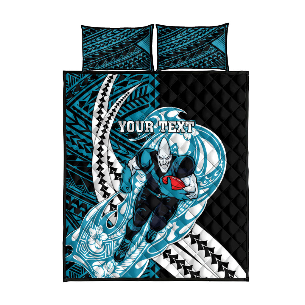 Personalized Port Adelaide Power Quilt Bed Set Polynesian Tribal Lightning Bolt Mascot With Hibiscus Floral Art