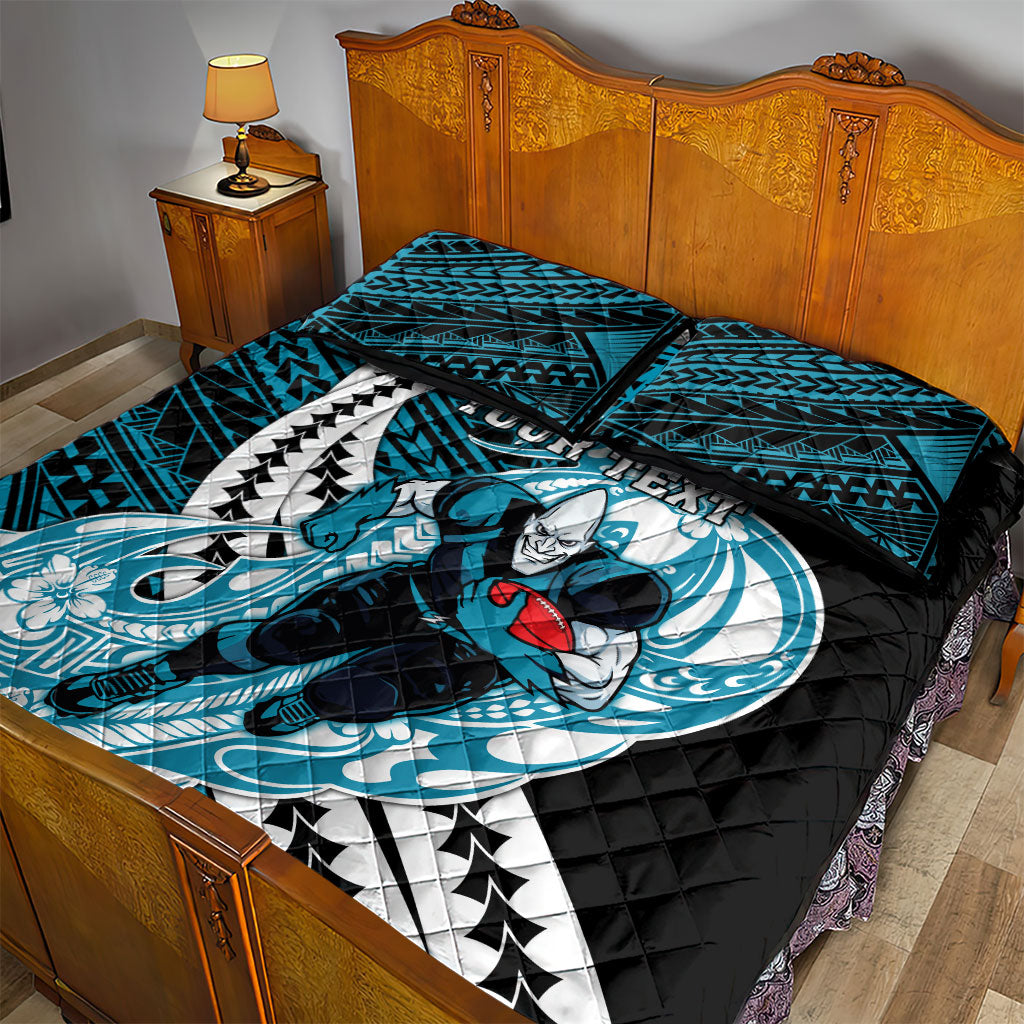 Personalized Port Adelaide Power Quilt Bed Set Polynesian Tribal Lightning Bolt Mascot With Hibiscus Floral Art