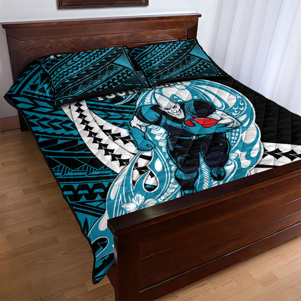 Personalized Port Adelaide Power Quilt Bed Set Polynesian Tribal Lightning Bolt Mascot With Hibiscus Floral Art