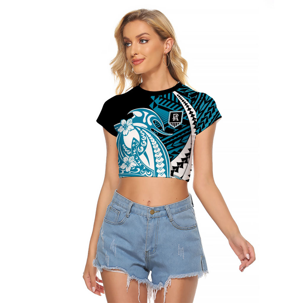 Personalized Port Adelaide Power Raglan Cropped T Shirt Polynesian Tribal Lightning Bolt Mascot With Hibiscus Floral Art