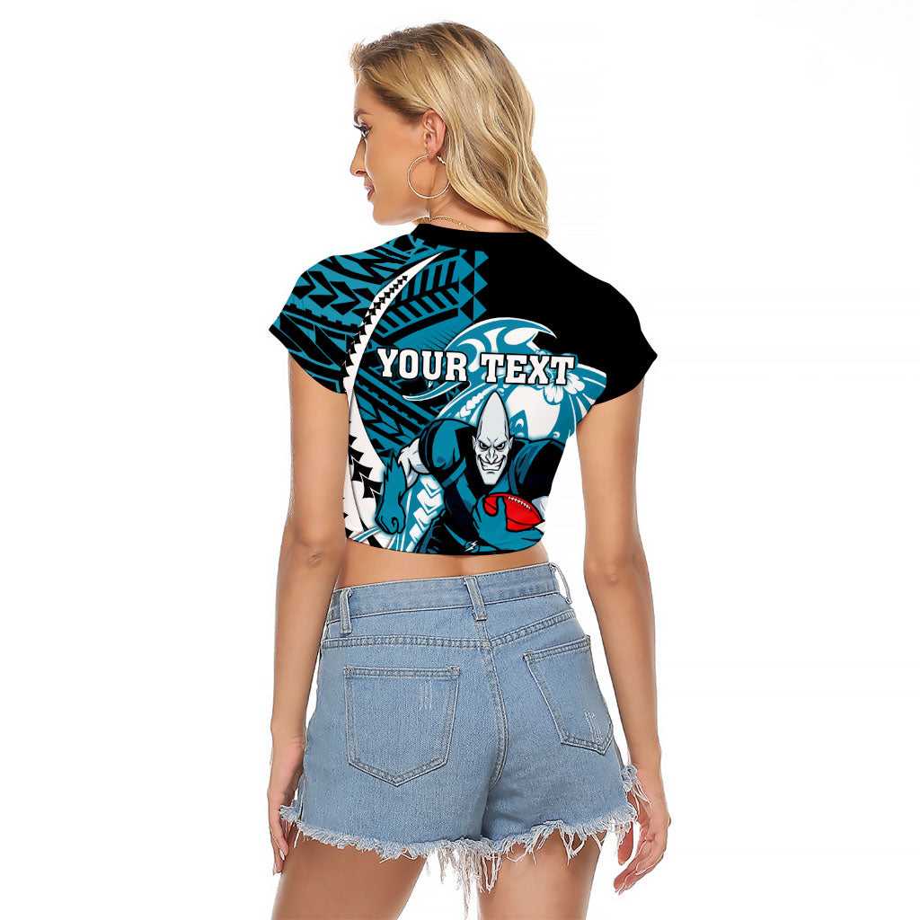 Personalized Port Adelaide Power Raglan Cropped T Shirt Polynesian Tribal Lightning Bolt Mascot With Hibiscus Floral Art