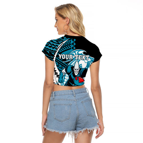 Personalized Port Adelaide Power Raglan Cropped T Shirt Polynesian Tribal Lightning Bolt Mascot With Hibiscus Floral Art