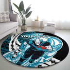 Personalized Port Adelaide Power Round Carpet Polynesian Tribal Lightning Bolt Mascot With Hibiscus Floral Art